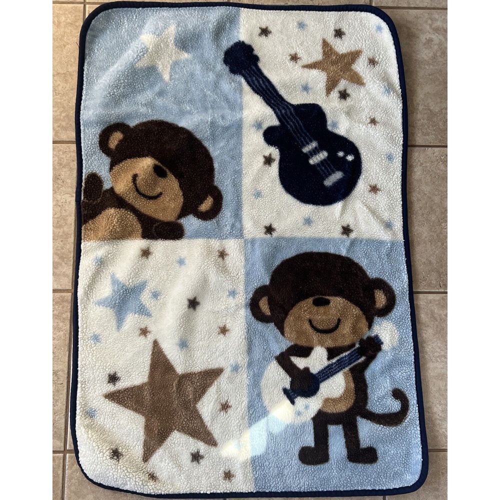 Baby Blanket Rockstar Monkey Blue Brown Squares‎ Guitar Star Luxe Fleece 43"x29"